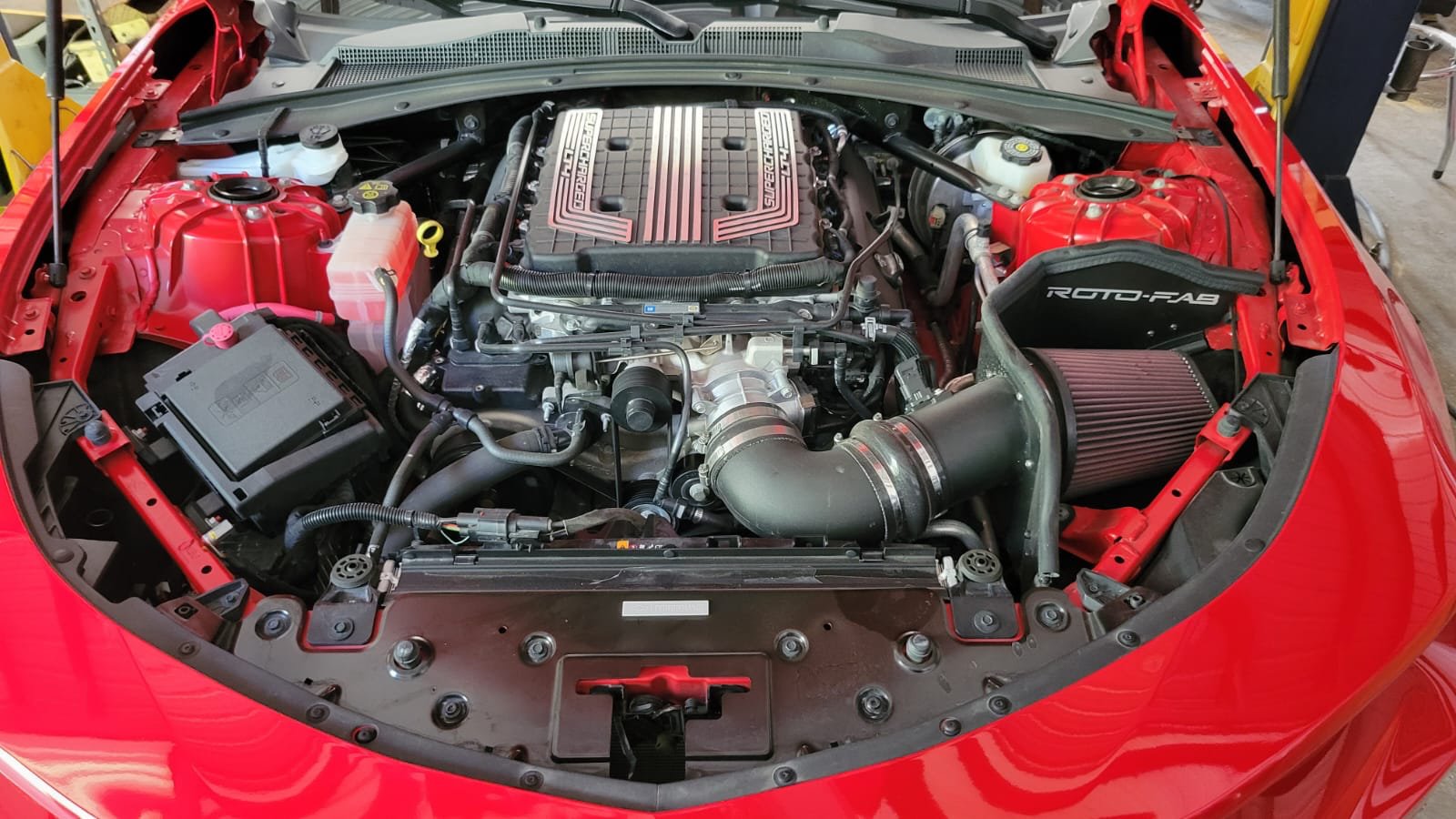 Supercharged Camaro engine bay — Roto-Fab intake
